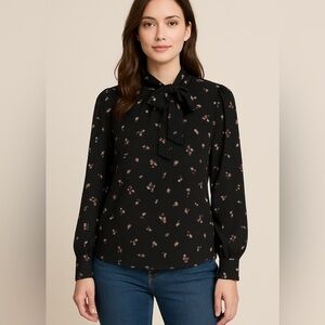 Kontrol Contemporary Black Floral Tie Neck Blouse XL Long Sleeve Lightweight